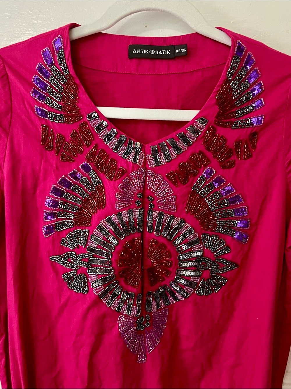 RARE Antik Batik Women's Fuchsia Mini Dress with intact beading & tassel details